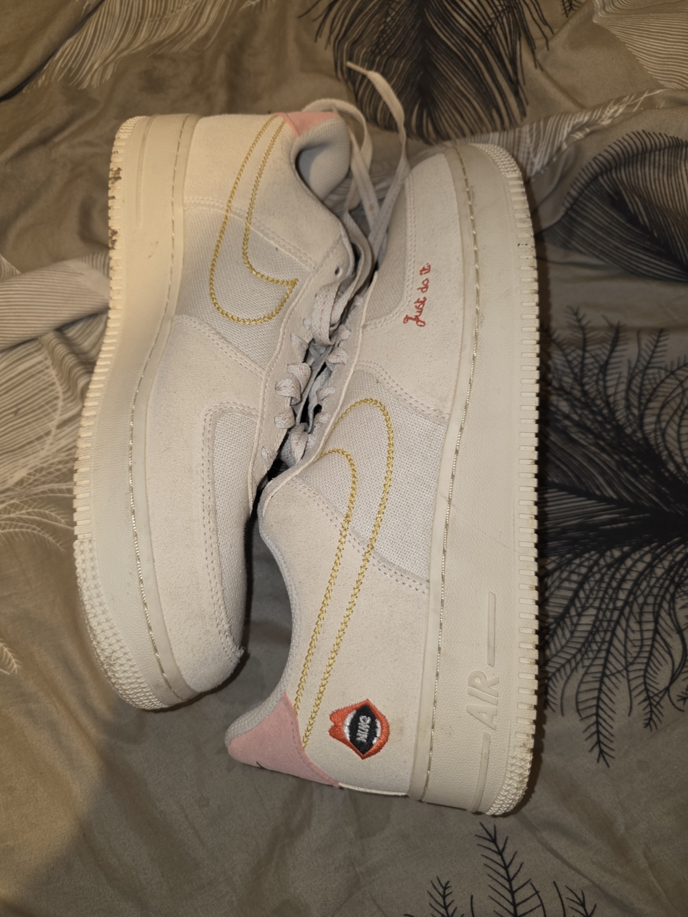 White Canvas Sneakers with Gold Stitching and Pink Accents